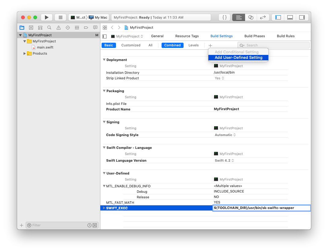 Add the SWIFT_EXEC custom build setting